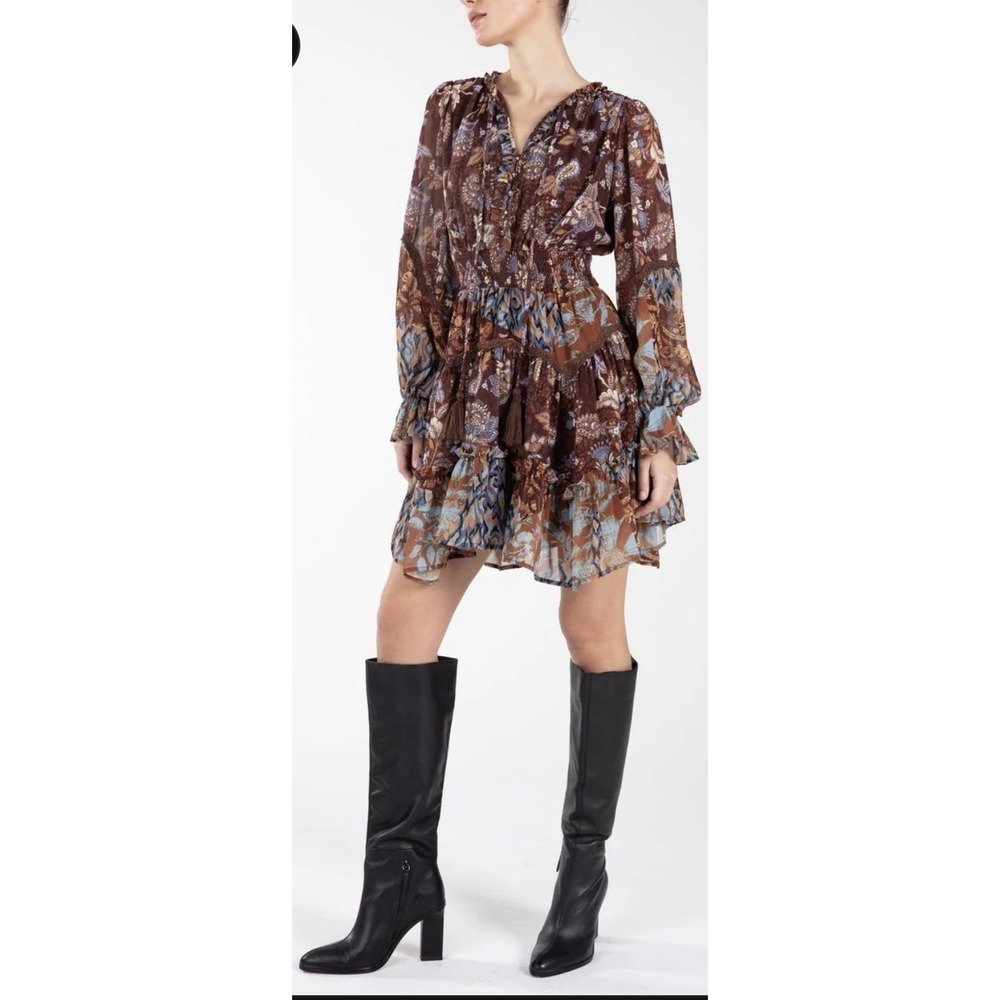 Miss Me Women's Dress Paisley Chiffon Peasant Mini Dress Size Small Brown Boho
